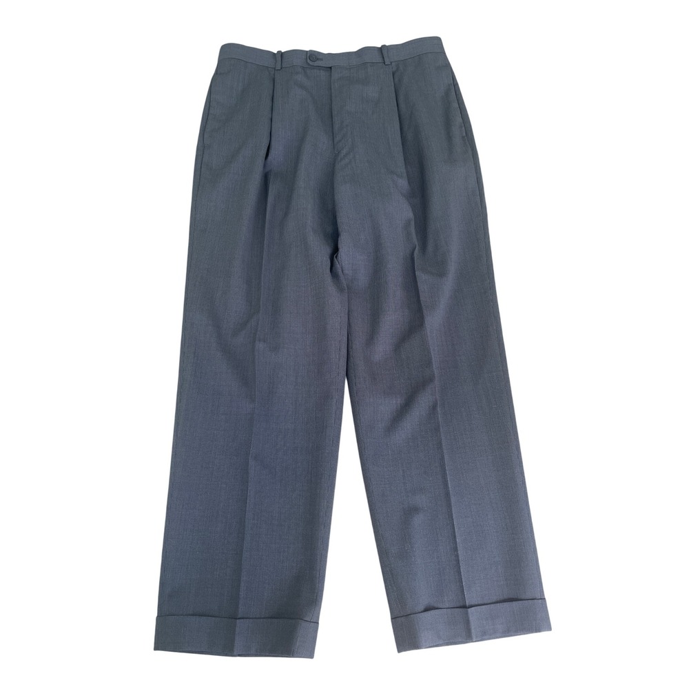 Alfani Mens Gray Black Herringbone Dress Pants 36x30 100% Wool Pleated Cuffed